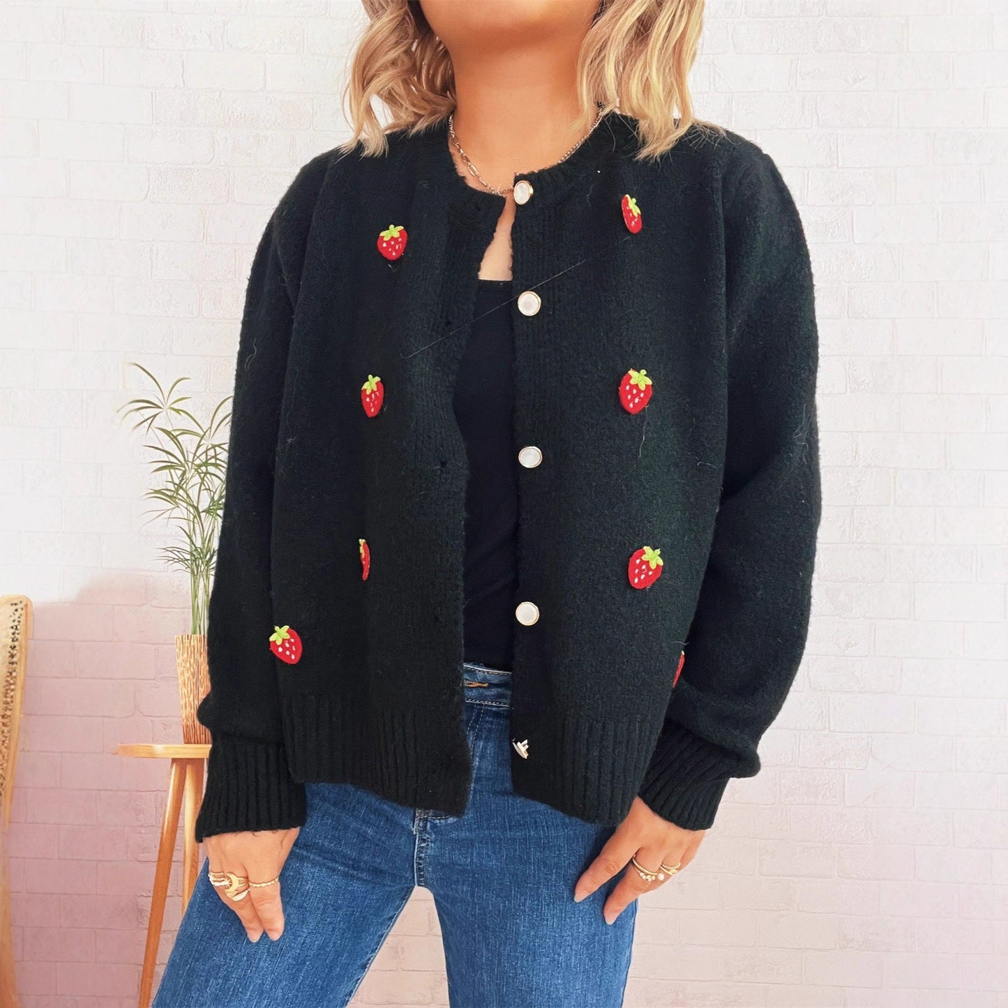 Damen Strickjacke Erdbeerdesign