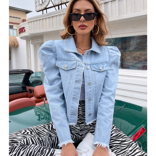 Damen Jeansjacke Puffärmel Dekorative Knöpfe Blau Eveloria - Eveloria