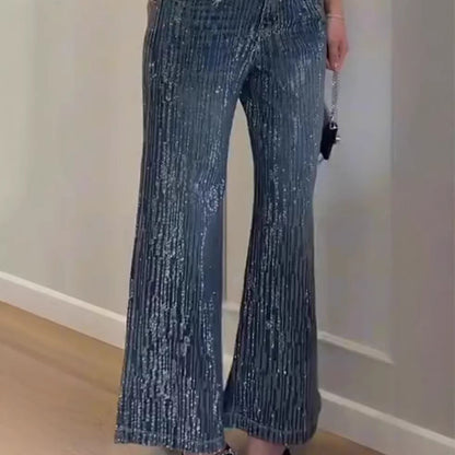 Damen Glitzer Jeans Weit Geschnitten Elegant Blau
