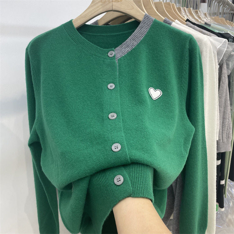 Damen Strickjacke Kontrastdetails Herzapplikation Elegantes Design