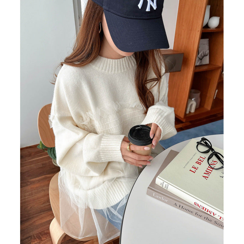Damen Oversized Pullover Rüschendetails Eveloria
