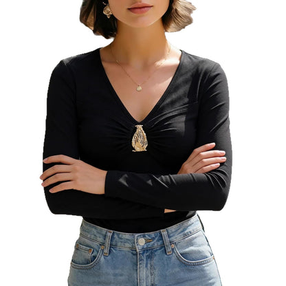 Damen Langarmshirt V-Ausschnitt Dekorative Applikation Eveloria