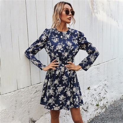 Damen Midikleid Blumenmuster Puffärmel Tailliert - Eveloria