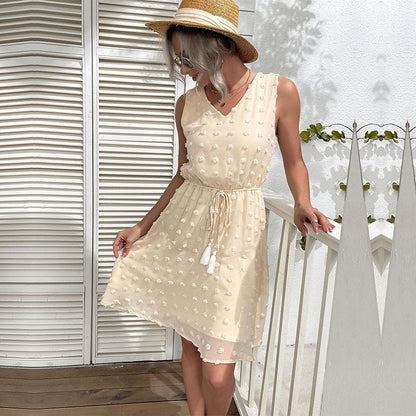 Damen Sommerkleid Leicht Luftschaum-Pom-Poms Verstellbarer Taillenzug
