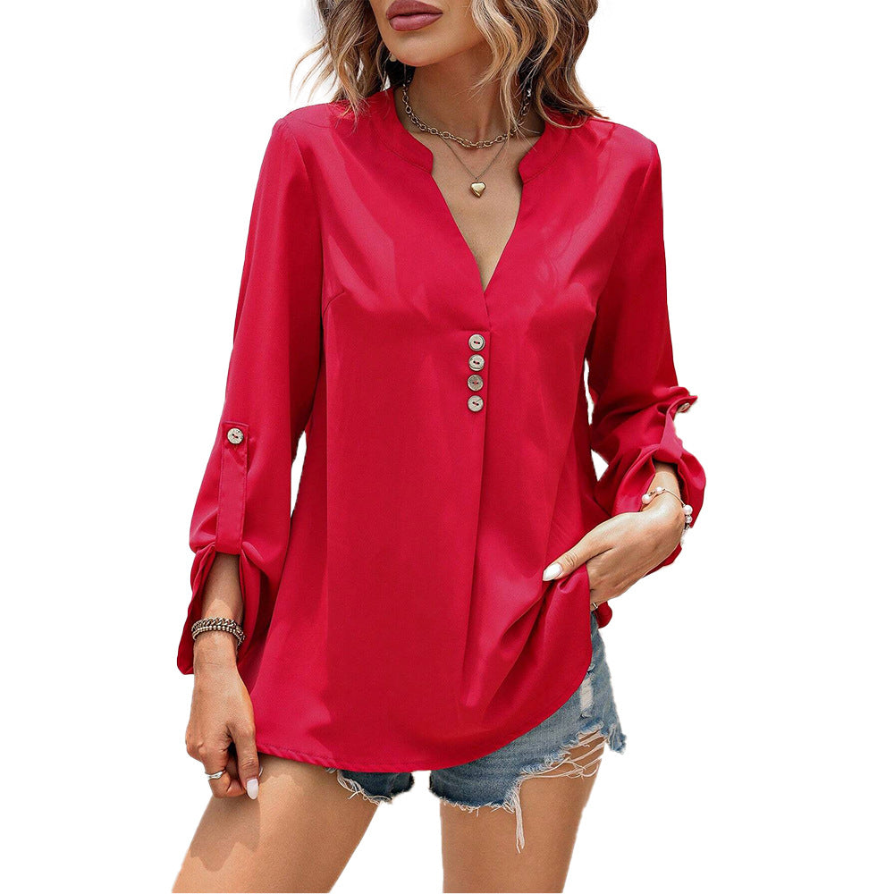 Damen Bluse V-Ausschnitt Knöpfe Elegantes Design