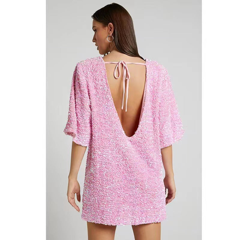 Damen Minikleid Pailletten Weite Ärmel Eveloria