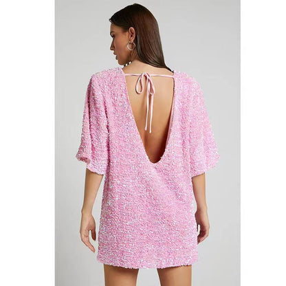 Damen Minikleid Pailletten Weite Ärmel Eveloria