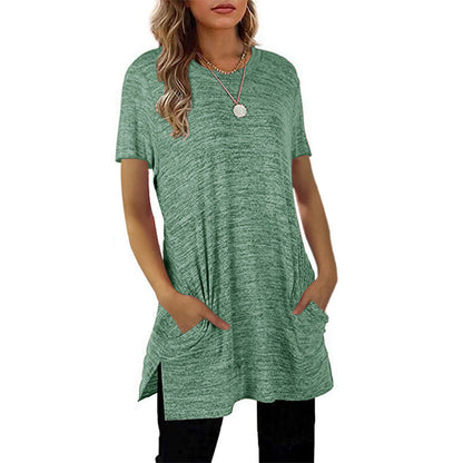 Damen Langarm-Tunika mit Seitentaschen Asymmetrischer Saum