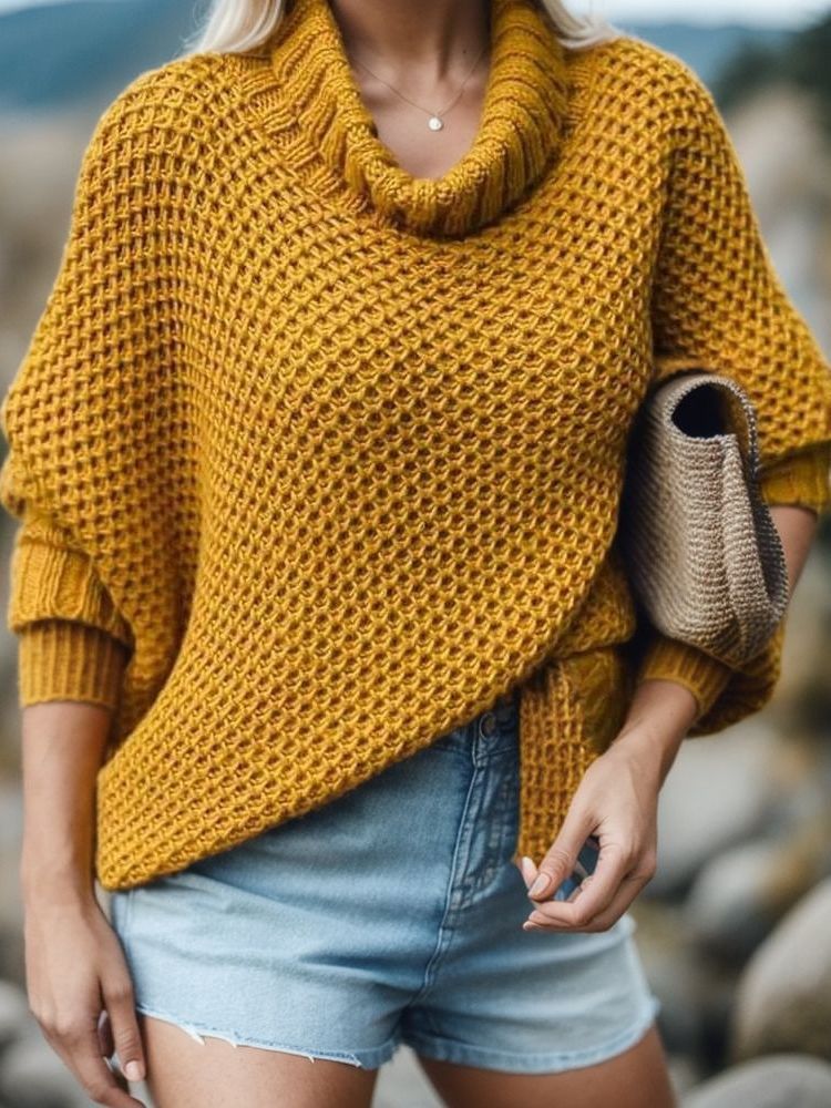 Damen Strickpullover Hohler Kragen Strukturiert Grau