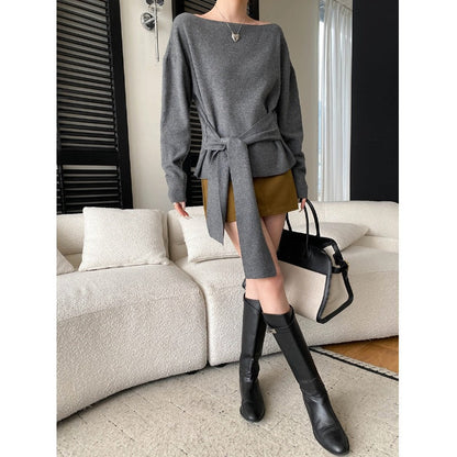 Damen Wollpullover mit Bindegürtel Eveloria