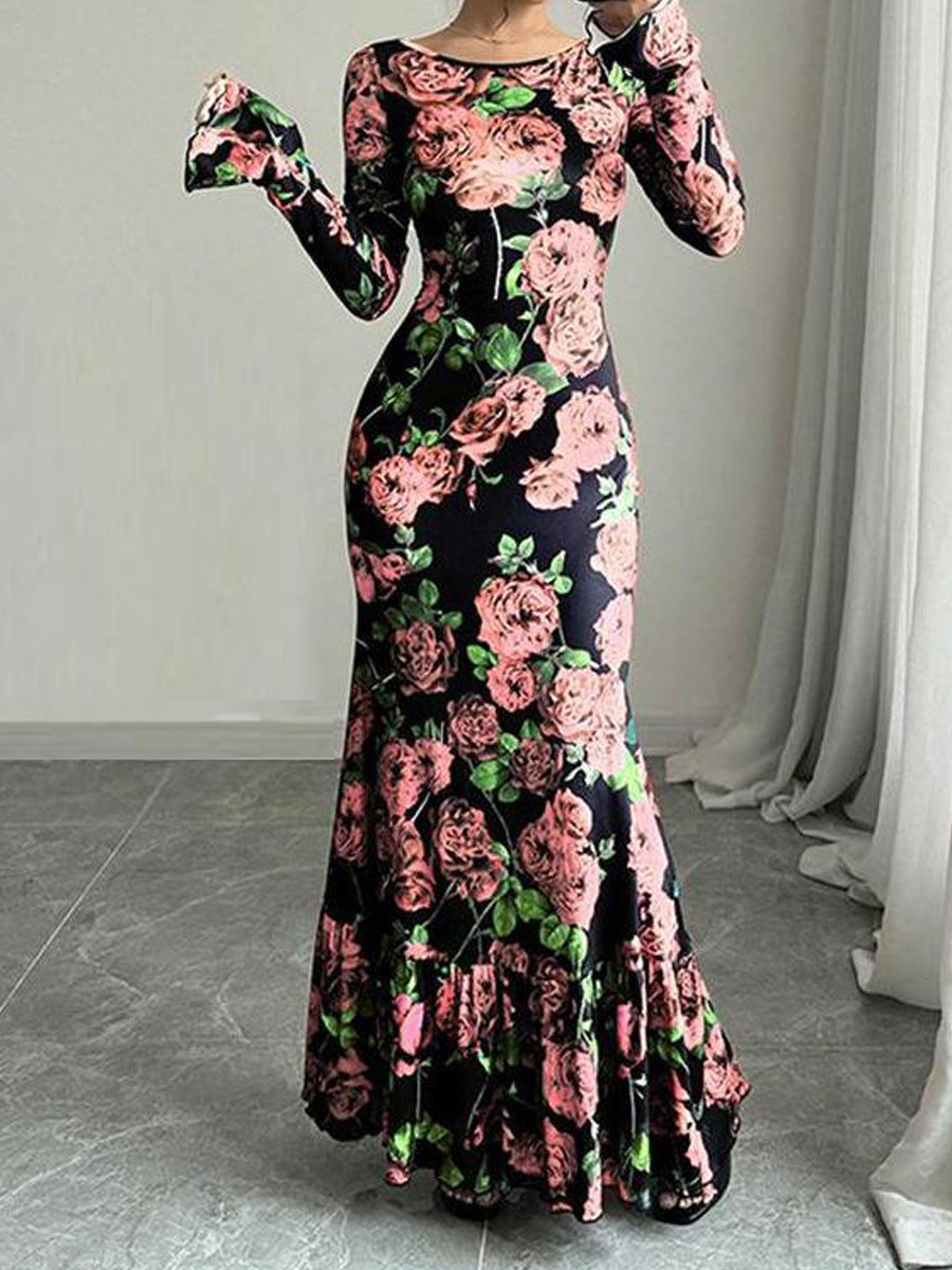 Damen Maxikleid mit Rüschendetails und langem Arm Floral Eveloria