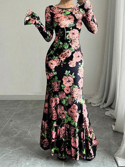 Damen Maxikleid mit Rüschendetails und langem Arm Floral Eveloria