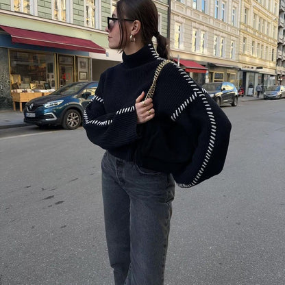 Damen Strickpullover Hochärmelig Kontraststich