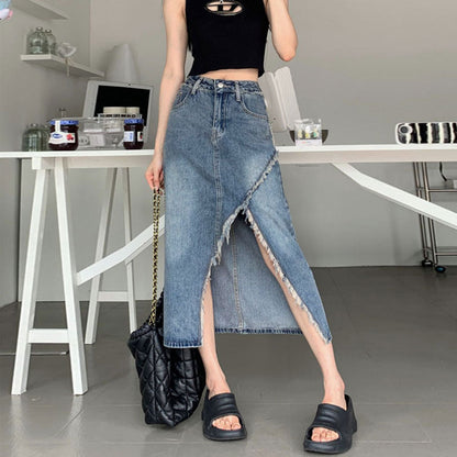 Damen Denim Midi-Rock Asymmetrischer Saum Blau - Eveloria