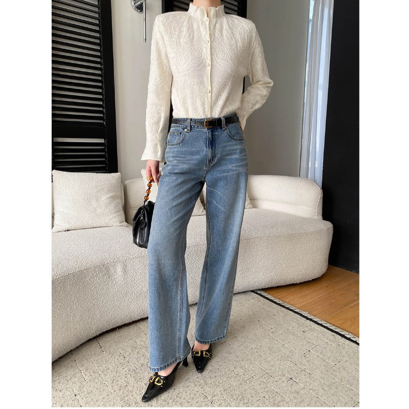 Damen Bluse mit Stickereien Feine Struktur Weiß