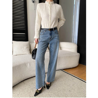 Damen Bluse mit Stickereien Feine Struktur Weiß