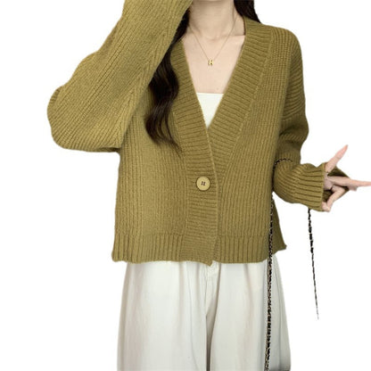 Damen Strickjacke V-Ausschnitt Großknöpfe Beige