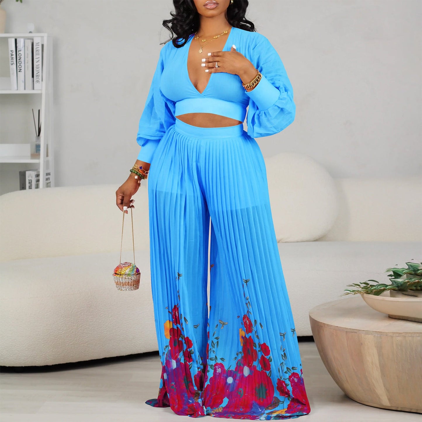 Damen Jumpsuit Voluminöse Ärmel Floralmuster Eveloria