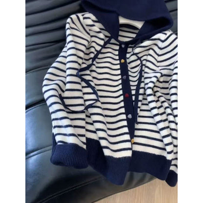 Damen Strickjacke Kapuze Gestreift Eveloria