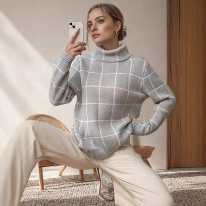 Damen Pullover Grobstrick Karomuster Hochkragen Beige