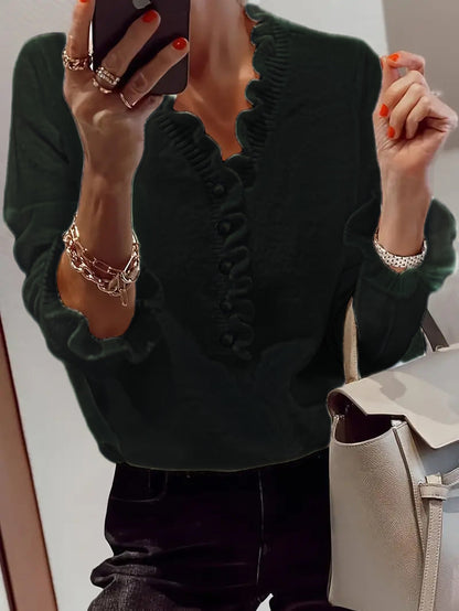 Damen Bluse Rüschendesign Knopfleiste Blume Farbe Weiß
