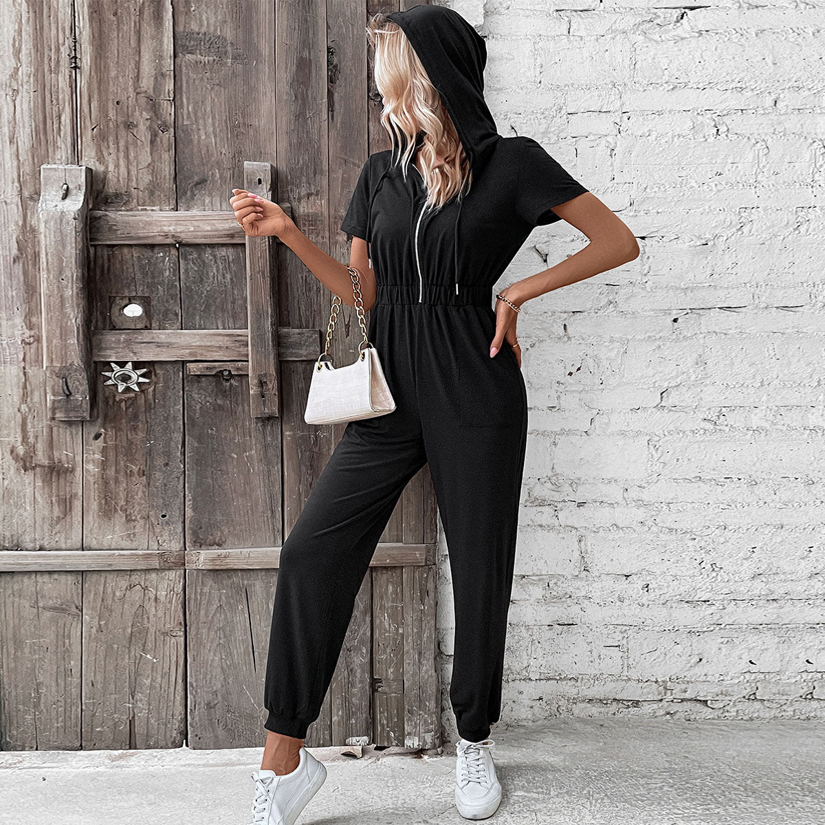 Damen Kapuzen-Jumpsuit mit Taschen Elastisch Eveloria