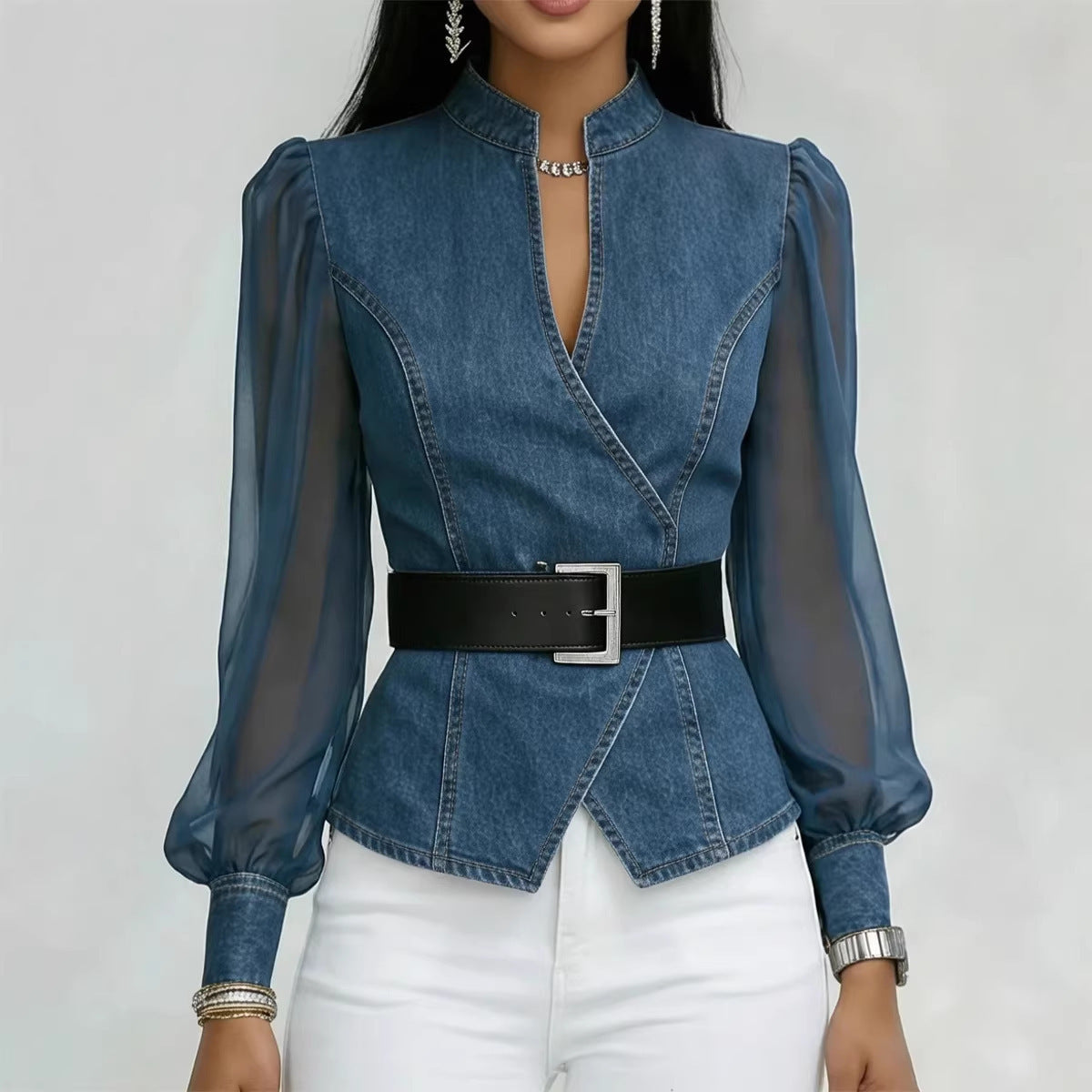 Damen Jeansbluse Tailliert Transparente Ärmel Blau
