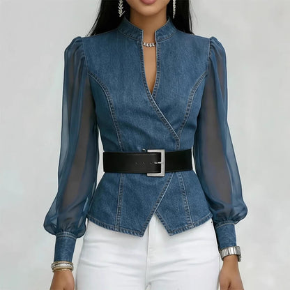 Damen Jeansbluse Tailliert Transparente Ärmel Blau