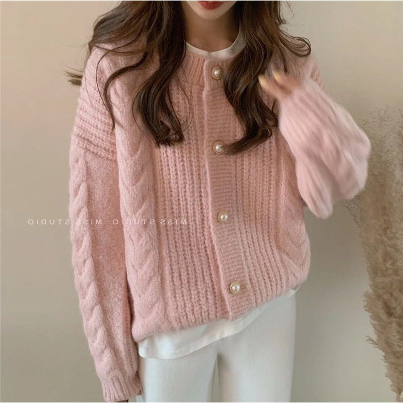 Damen Strickcardigan Kuschelig Perlenknöpfe Beige - Eveloria