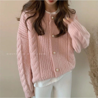 Damen Strickcardigan Kuschelig Perlenknöpfe Beige - Eveloria