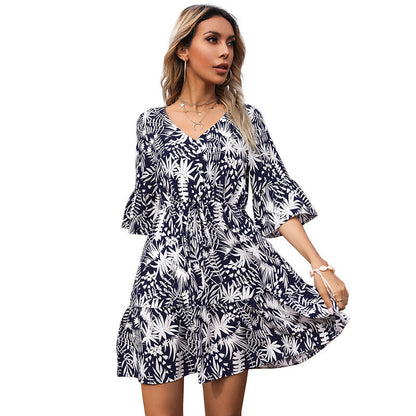 Damen Sommerkleid mit Blümchenmuster Voluminöse Ärmel Rüschendesign
