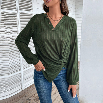 Damen Langarmshirt V-Ausschnitt Dekorative Knöpfe Eveloria