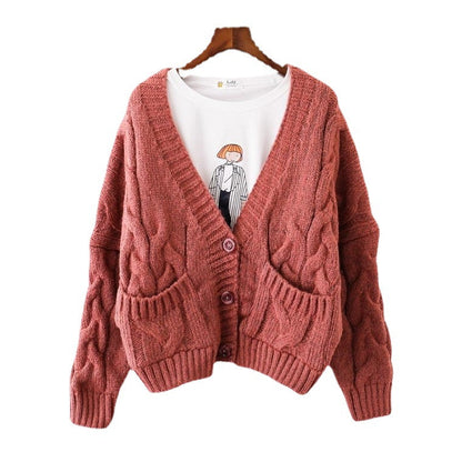 Damen Grobstrick Cardigan V-Ausschnitt mit Taschen