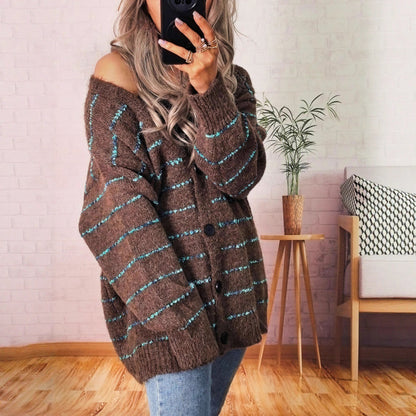 Damen Strickjacke Kuschelig Kontraststreifen Eveloria
