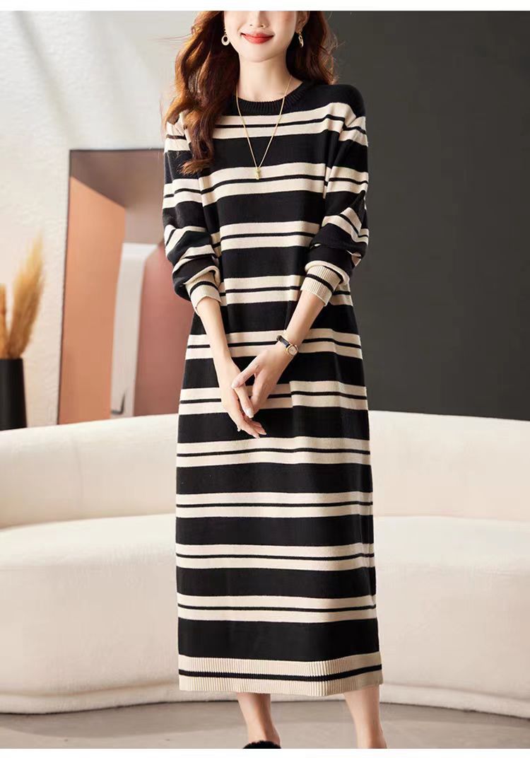 Damen Langarm Strickkleid Streifenmuster Komfortschnitt Beige