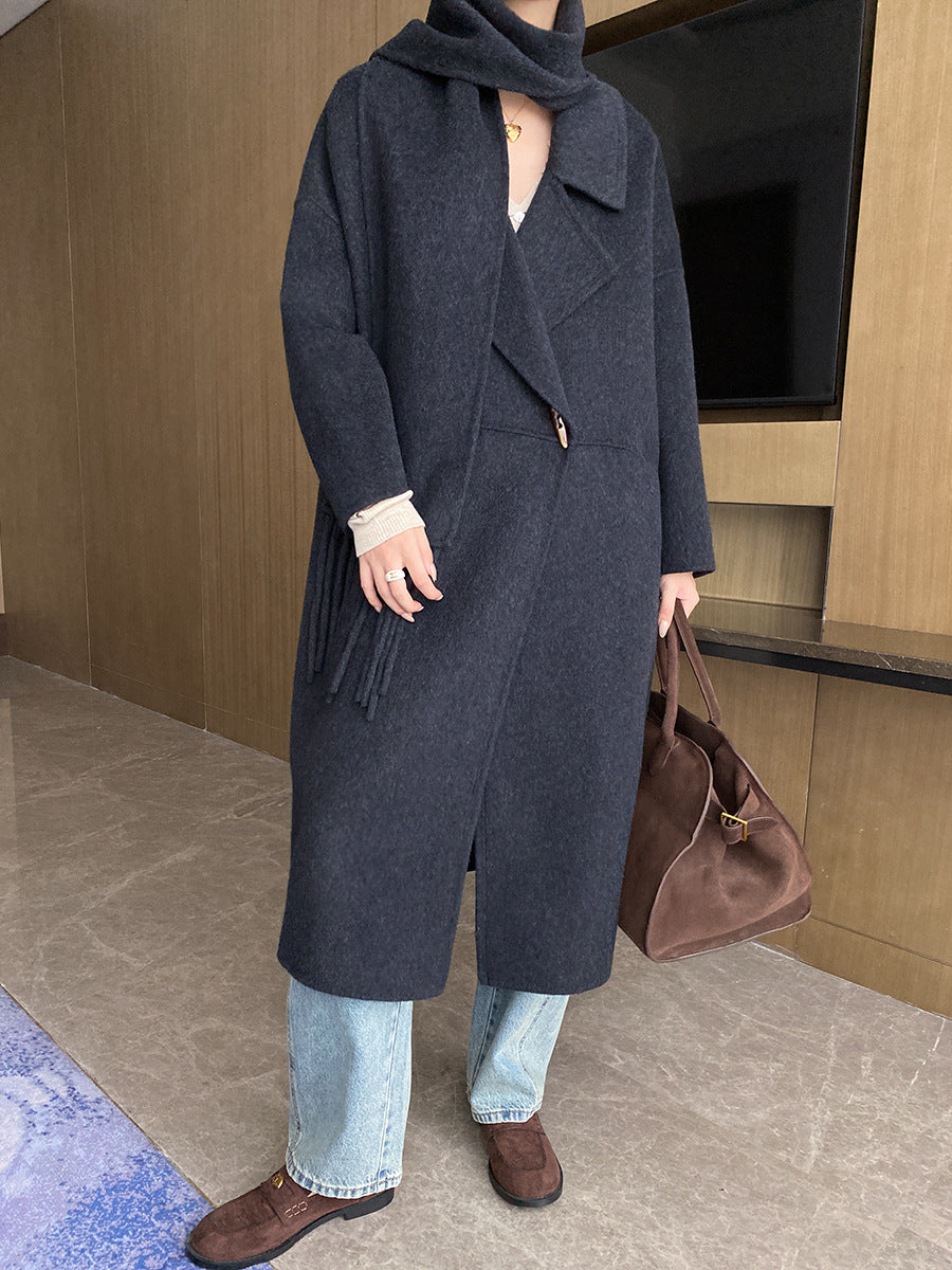 Damen Oversized-Mantel Fransen Tiefkragen Eveloria