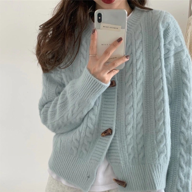Damen Strickjacke Zopfmuster Elegante Knöpfe Beige - Eveloria
