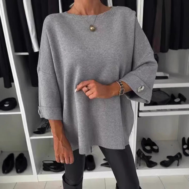 Damen Strickpullover Weit Ärmel Knopfdetails Eveloria