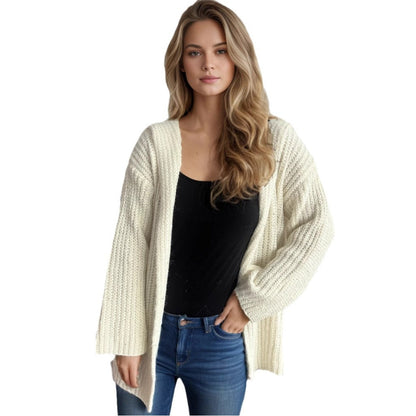 Damen Strickjacke Offen Vorne Lockere Ärmel Beige