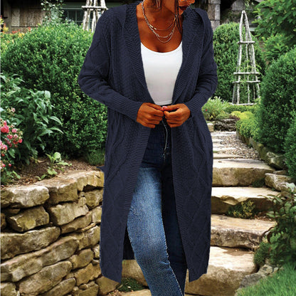 Damen Strickcardigan Lang Hochkragen Zopfmuster Beige