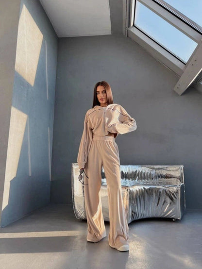 Damen Velours Loungewear Set Kurz Hoodie Weites Bein