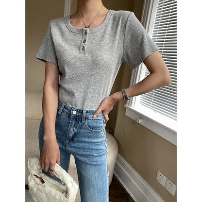 Damen Kurzarm Henley-Shirt mit Knöpfen Eveloria