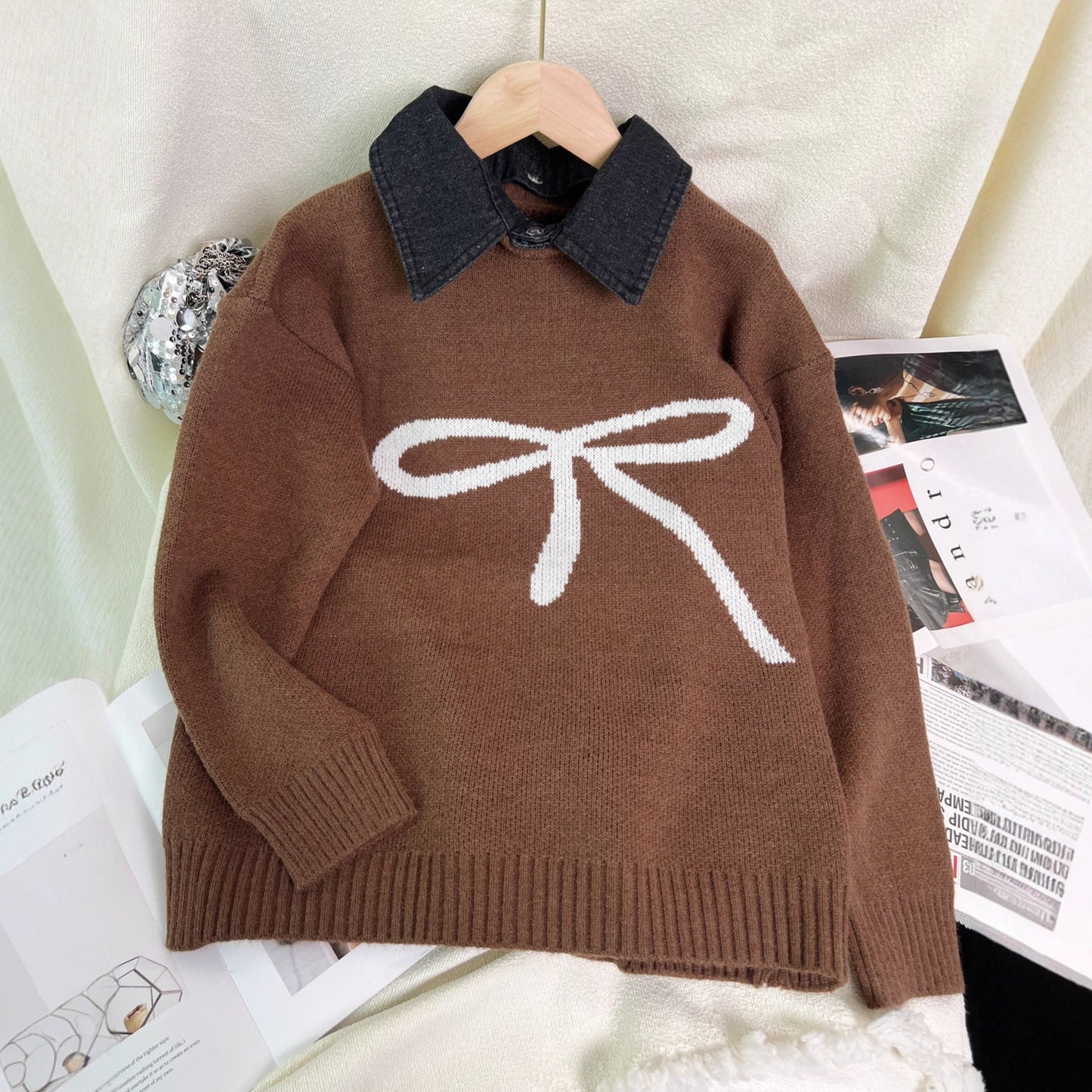 Damen Pullover Kuscheliger Schleifenlook Beige