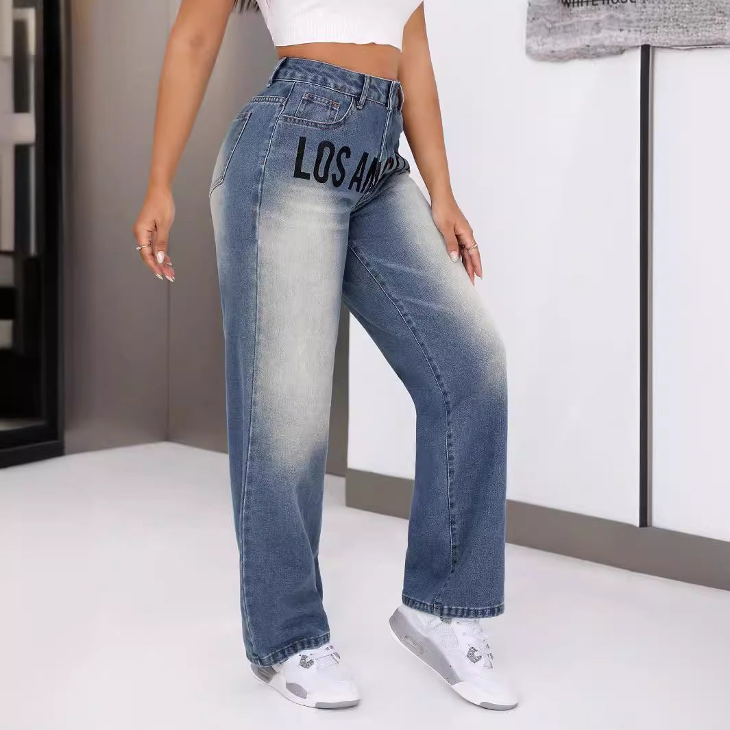 Damen Weite Jeans Mit Schriftzug Eveloria