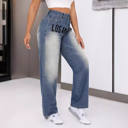 Damen Weite Jeans Mit Schriftzug Eveloria