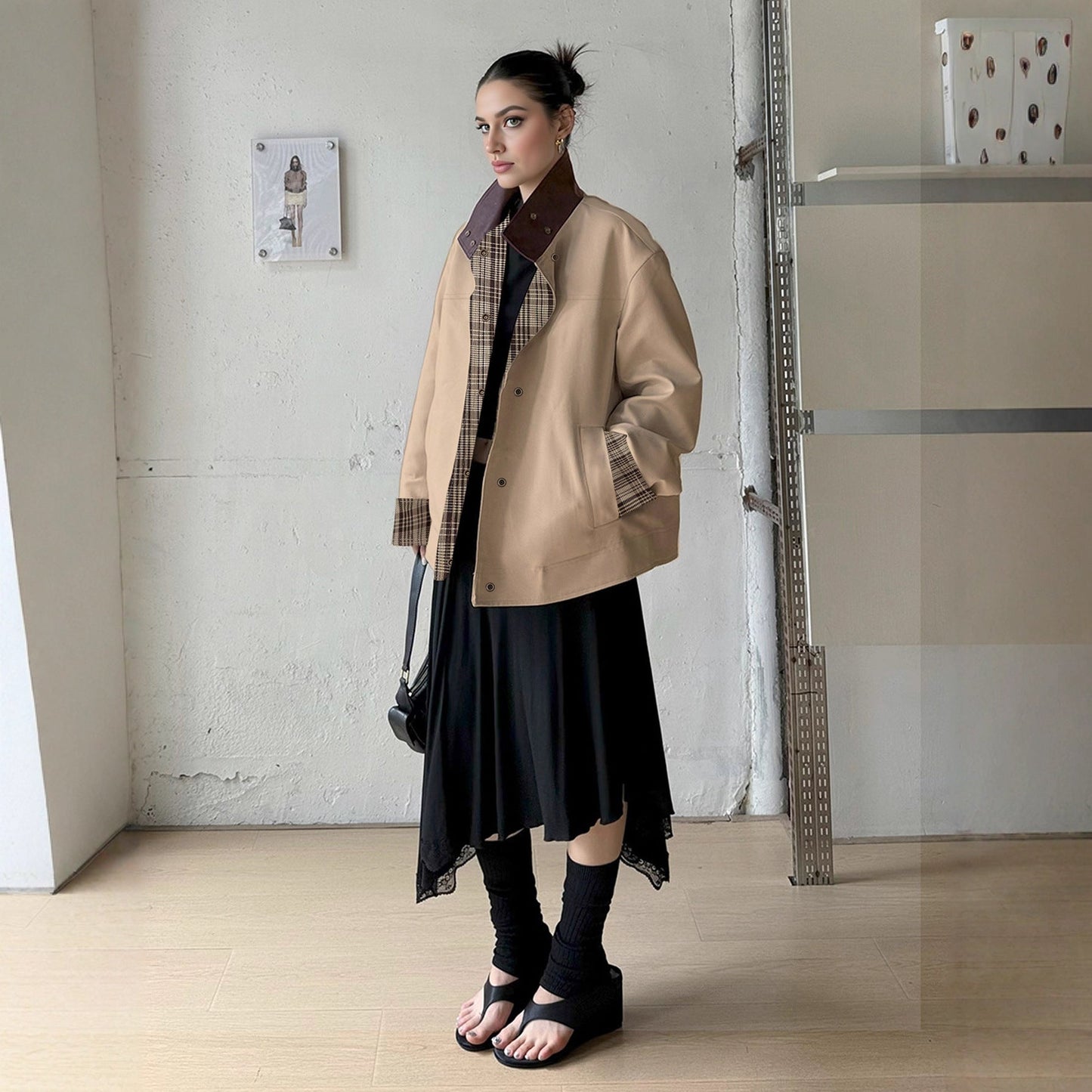 Damen Oversized Jacke kariert Innenfutter hoher Kragen