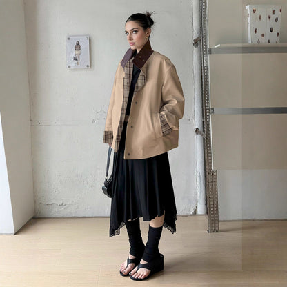 Damen Oversized Jacke kariert Innenfutter hoher Kragen