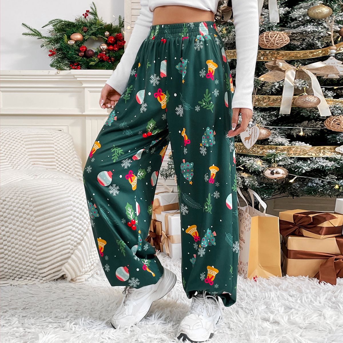 Damen Pyjamahose Weites Bein Festliches Muster Eveloria - Eveloria