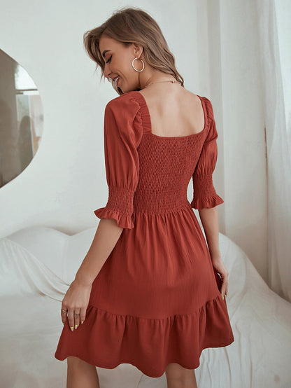 Damen Kurzarmkleid Geraffte Taille Voluminöser Rock Eveloria