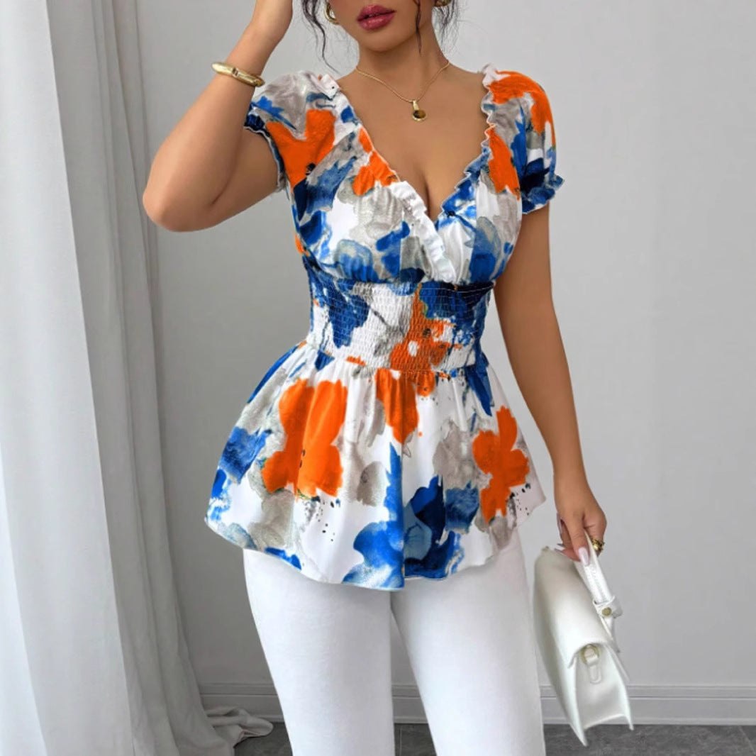 Damen Bluse Elastisch Floral Weiße Rüschen